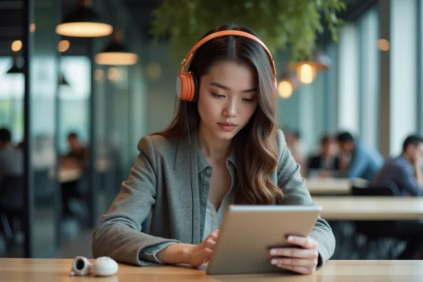 Jeune femme en coworking avec casque et tablette