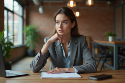 Jeune femme en coworking créative et ambitieuse