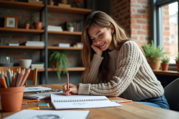Jeune femme en sweater dessinant dans un carnet lumineux