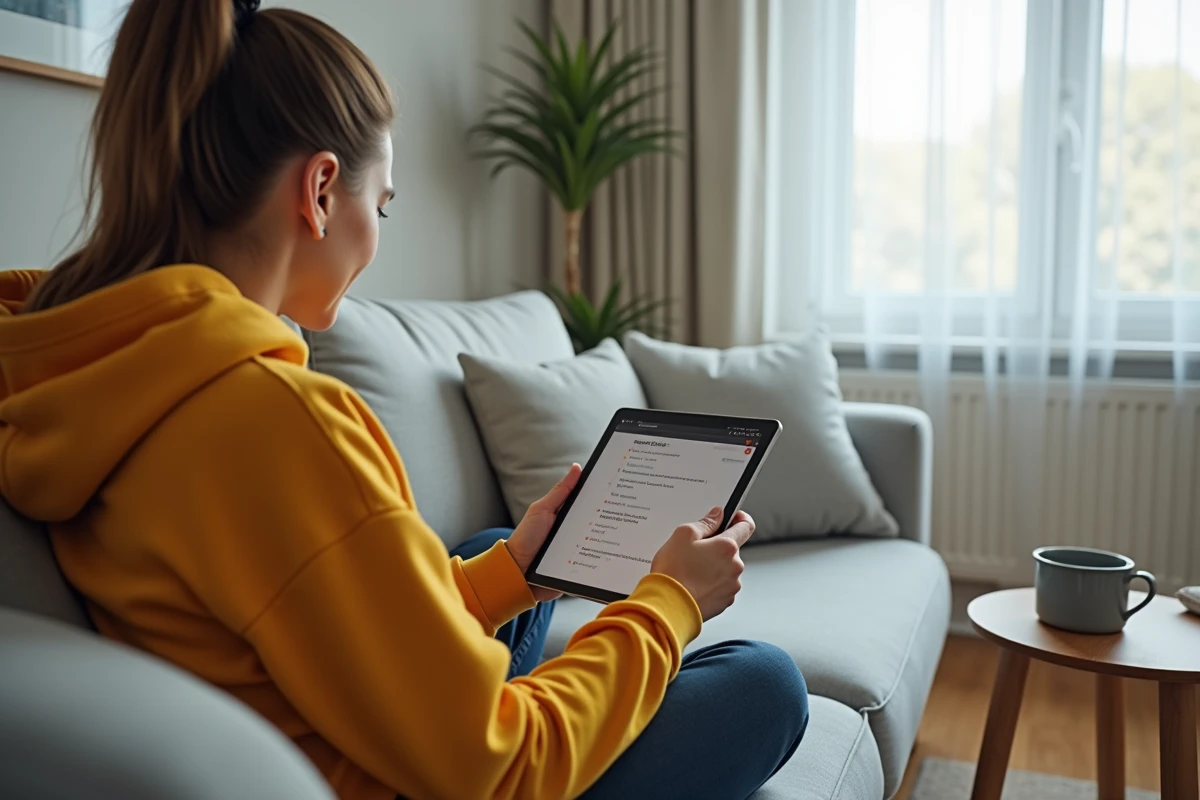Jeune femme consultant ses formations Moodle GRETA sur une tablette depuis son salon