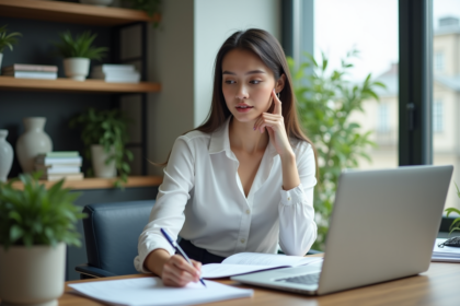 Jeune femme en formation santé dans un bureau moderne