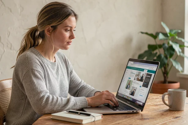 Jeune femme consultant le site Choisir-formation.com sur un ordinateur portable dans un bureau à domicile