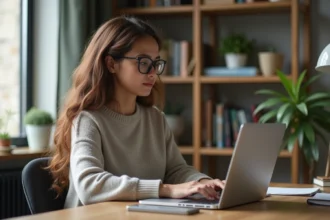 Jeune femme travaillant sur un ordinateur portable à la maison