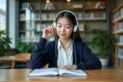 Jeune femme écoute des écouteurs dans une bibliothèque moderne
