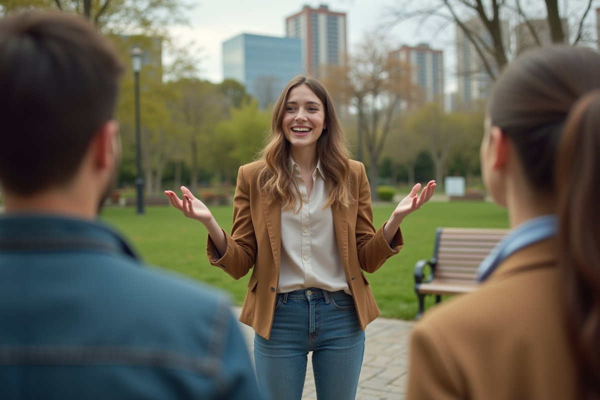 Jeune femme souriante motivant ses collègues en plein air