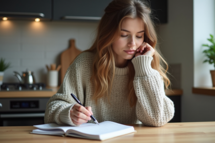 Jeune femme pensant à la cuisine avec carnet et stylo
