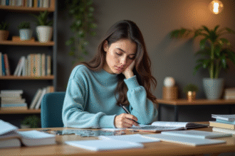 Jeune femme concentrée résolvant un puzzle dans un bureau chaleureux