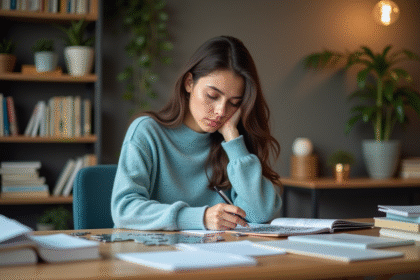 Jeune femme concentrée résolvant un puzzle dans un bureau chaleureux