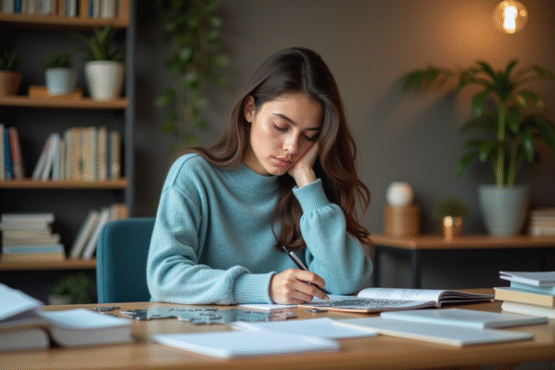 Jeune femme concentrée résolvant un puzzle dans un bureau chaleureux
