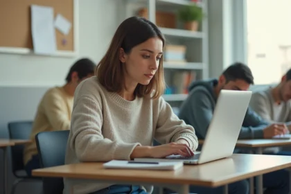 Jeune femme concentrée sur son ordinateur dans une salle de classe