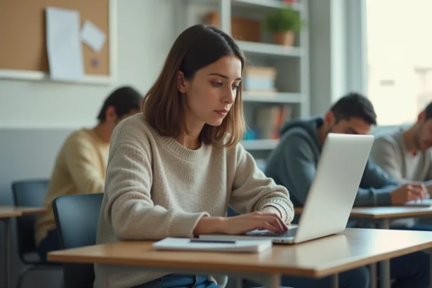 Jeune femme concentrée sur son ordinateur dans une salle de classe
