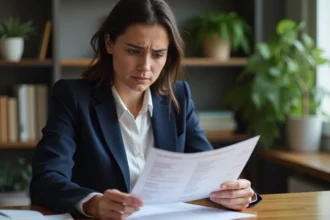 Jeune femme suisse en bureau professionnel examine un CV