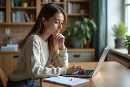 Jeune femme testant son QI à la maison dans un intérieur lumineux