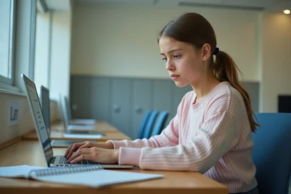 Jeune fille au pastel devant un ordinateur en école moderne