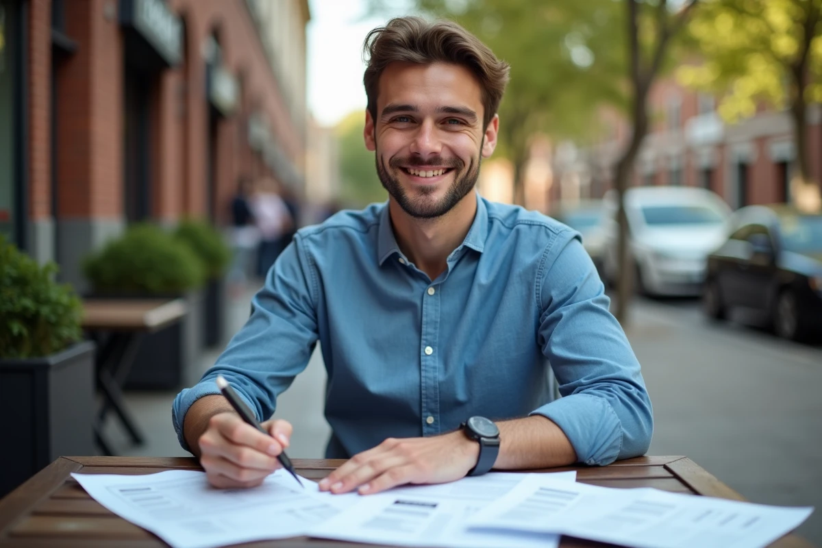 Jeune homme au café rédigeant son CV et consultant ses certificats