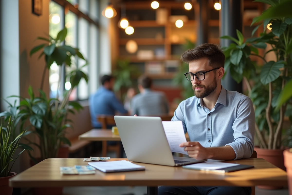 Jeune homme au coworking avec rapport de salaire et ordinateur portable