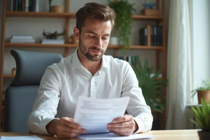 Jeune homme en bureau lisant des documents officiels