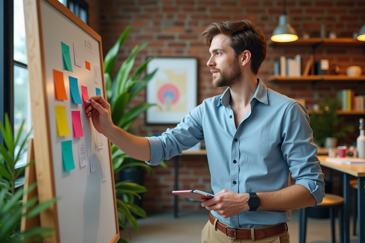 Jeune homme expliquant des idées dans un espace de travail créatif