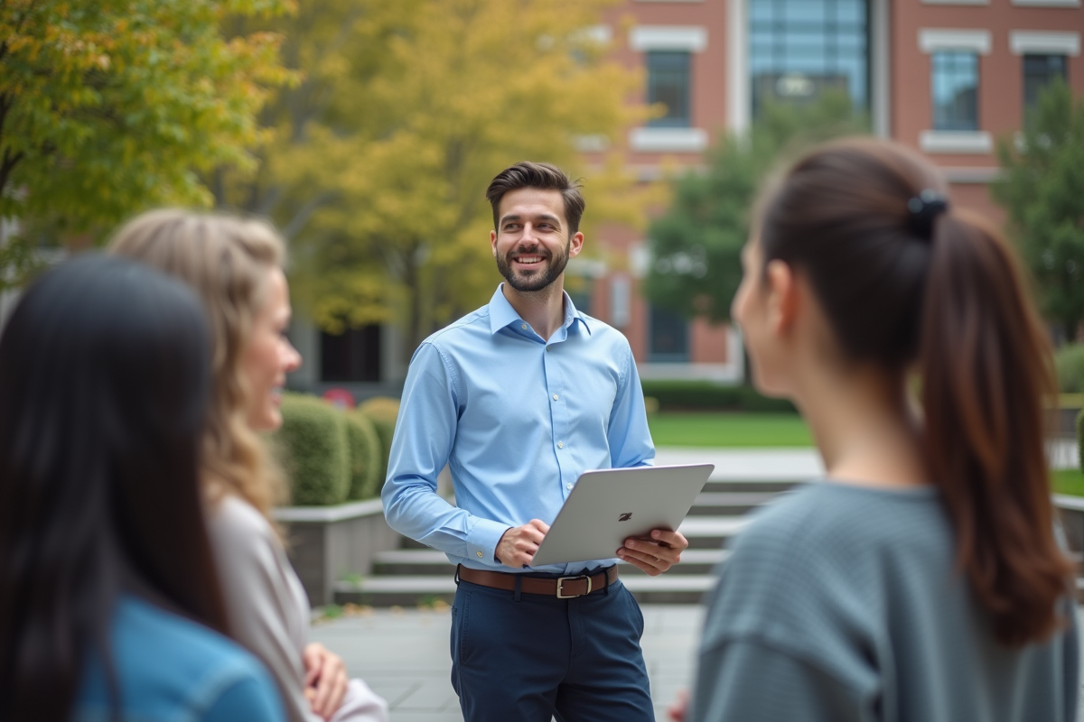 Jeune homme souriant après une présentation universitaire