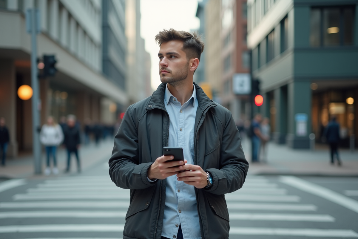 Jeune homme urbain regardant son smartphone