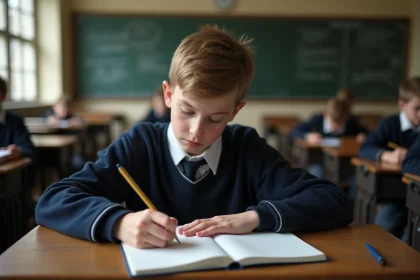 Jeune lycéen en uniforme écrivant dans un cahier en classe ancienne