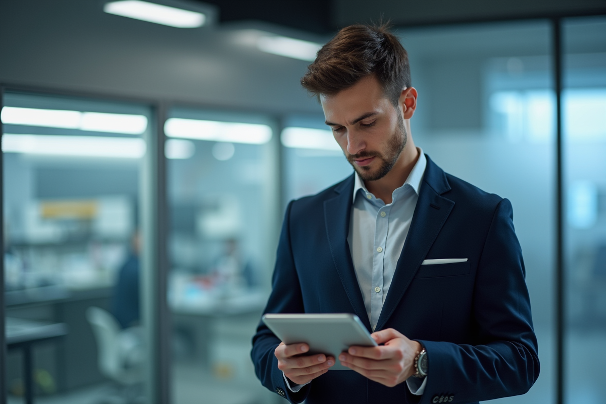 Jeune homme en blouse dans un laboratoire hightech