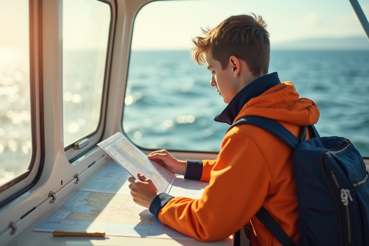 Jeune navigateur étudiant des cartes en mer sur le pont