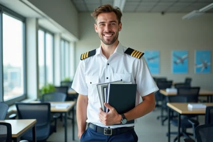 Jeune pilote étudiant en classe avec manuels et posters d'aviation