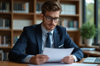 Jeune homme en costume dans une bibliothèque universitaire