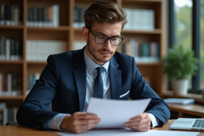 Jeune homme en costume dans une bibliothèque universitaire