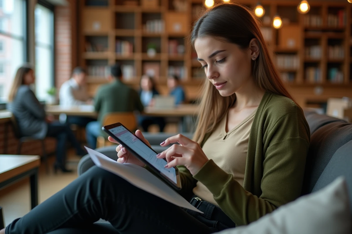 Jeune professionnelle consultant une plateforme RH en ligne sur une tablette dans un espace de coworking