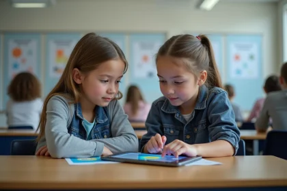 Adolescentes concentrés sur une tablette en classe