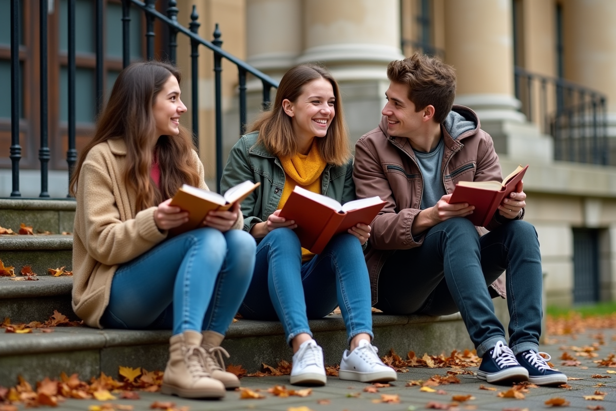 Groupe de lycéens discutant sur les marches d