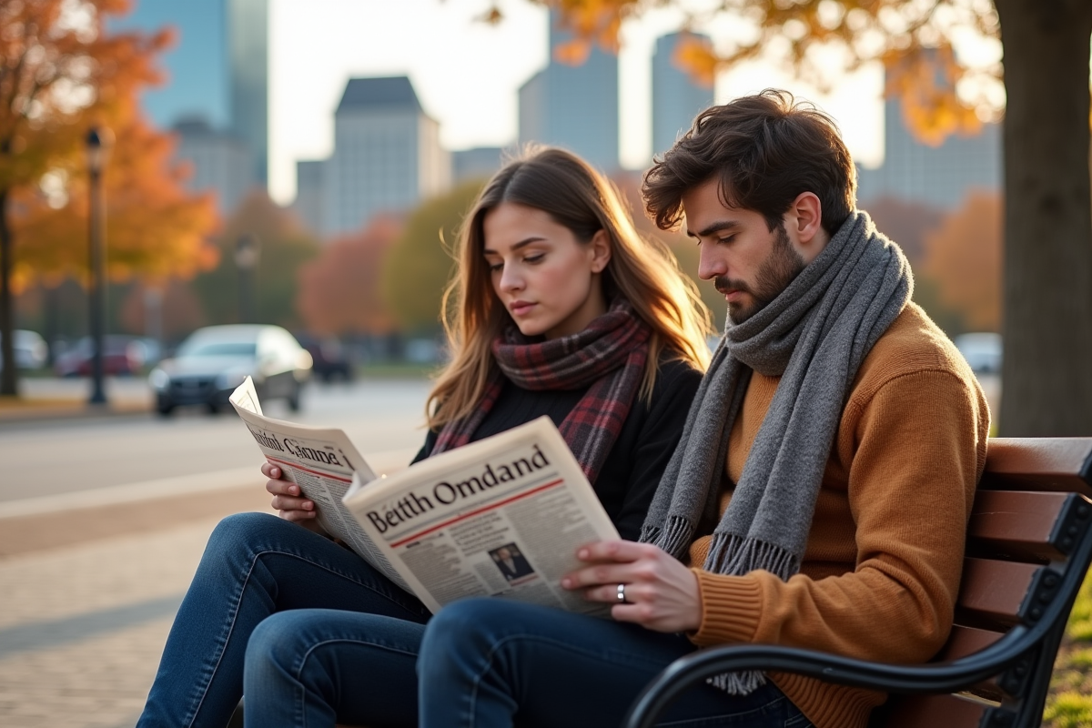 Jeune homme et femme lisant des journaux dans un parc urbain en automne