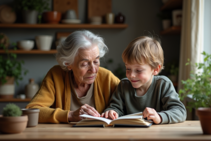 Une grand-mère lit à un enfant à la maison
