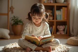 Jeune fille en CE1 lisant un texte dans sa chambre le soir avant de dormir