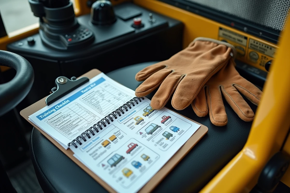Gants de travail et livret de formation CACES posés sur le tableau de bord d'un chariot élévateur lors d'une session de formation cariste