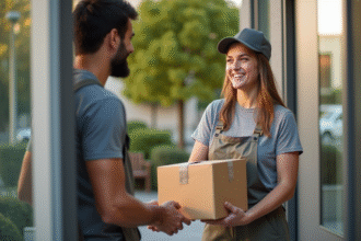 Livreur souriant remettant un colis à un client heureux devant une maison moderne