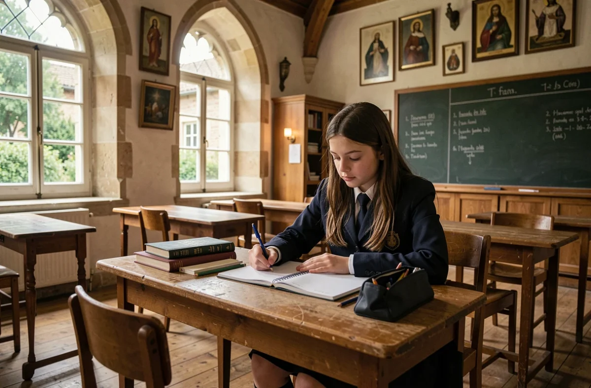 Une élève studieuse dans une salle de classe traditionnelle du Lycée Saint-Dominique à Mortefontaine