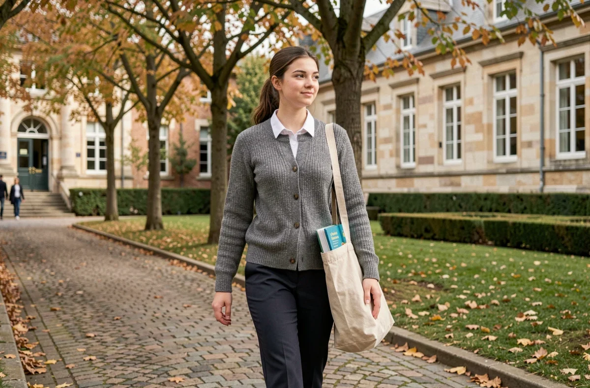 Une élève marchant dans l'allée du campus du Lycée Saint-Esprit à Beauvais avec des livres sous le bras