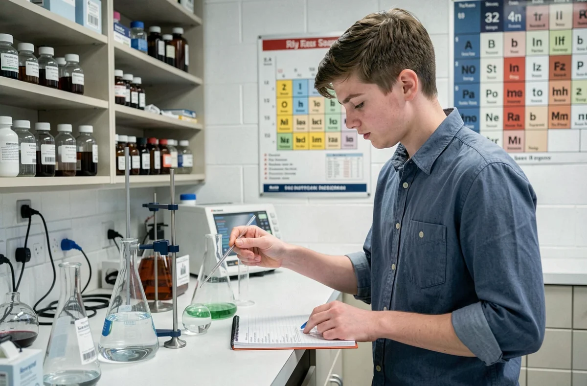 Un lycéen réalisant une expérience scientifique en laboratoire au Lycée Saint-Joseph du Moncel à Pont-Sainte-Maxence