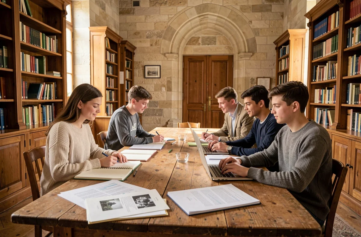 Des lycéens collaborant en salle d'étude dans l'environnement historique du Lycée Saint-Vincent à Senlis
