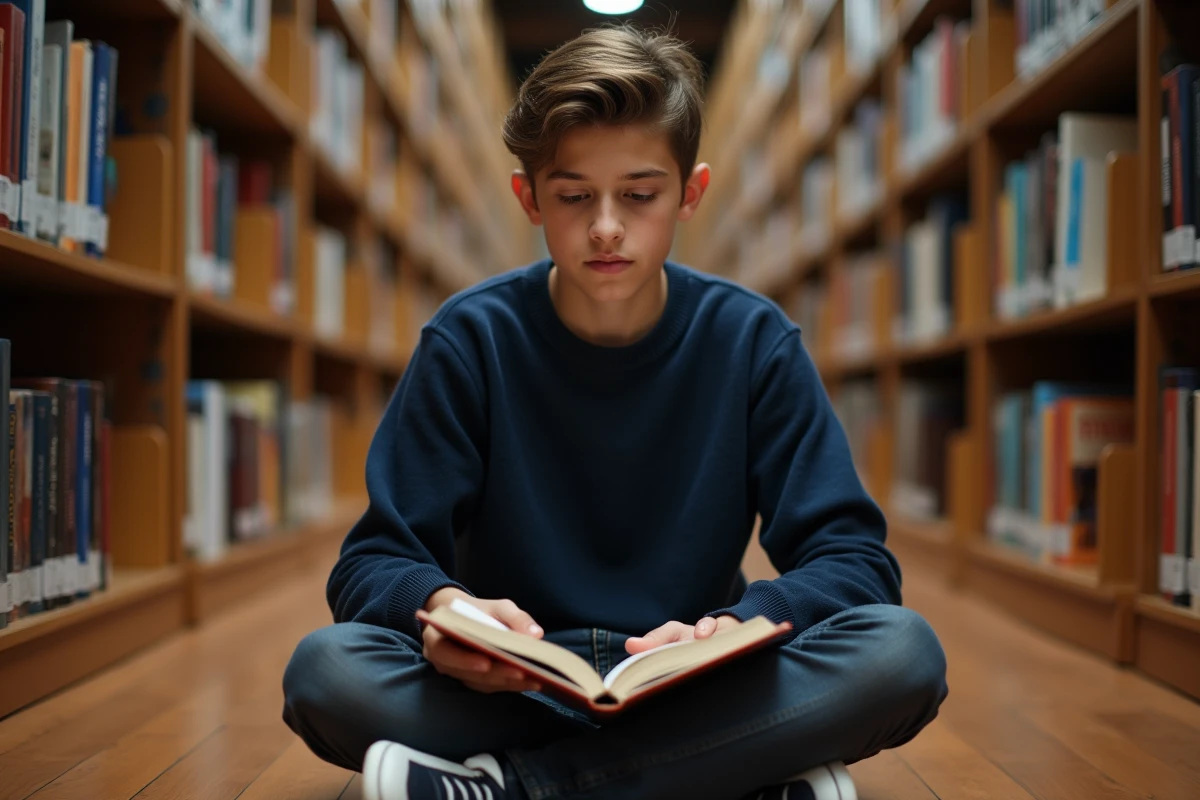 Lycéen étudiant la conjugaison des verbes espagnols dans une bibliothèque scolaire avec un manuel de grammaire ouvert
