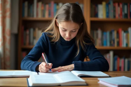 Lycéenne annotant un exemple de commentaire composé corrigé à son bureau pour préparer le bac de français