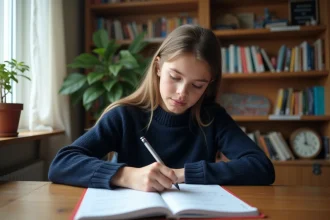 Lycéenne concentrée qui révise la conjugaison du verbe rejoindre au passé simple dans un cahier sur un bureau en bois