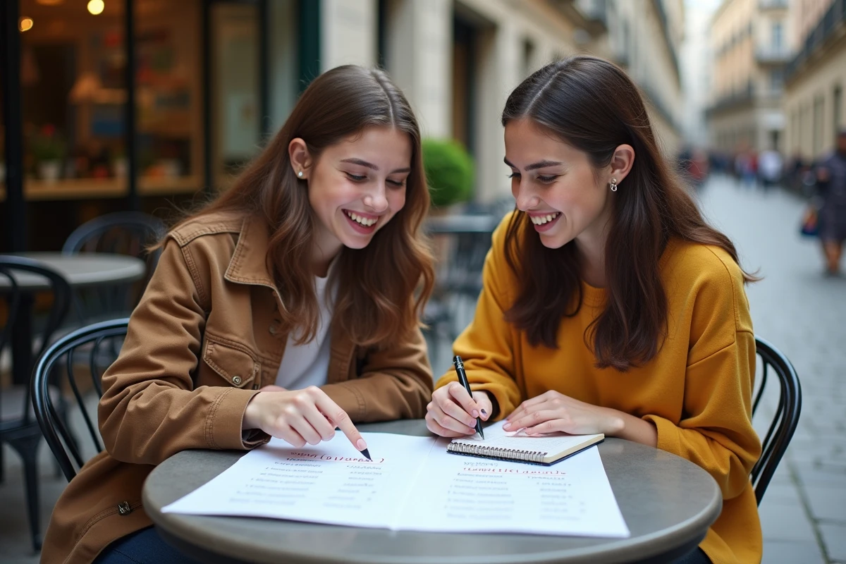 Deux lycéennes révisant ensemble les temps de conjugaison espagnole pour le bac autour d'une fiche de grammaire en terrasse de café