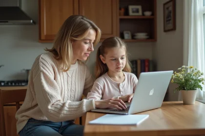 Maman et fille regardent un ordinateur à la maison