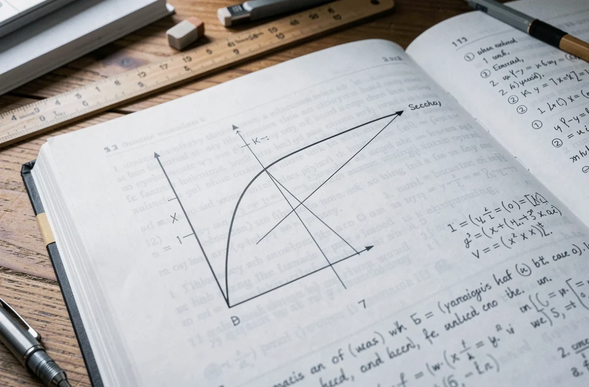 Gros plan d'un manuel de mathématiques ouvert montrant un schéma de tangente et de droite sécante à une courbe
