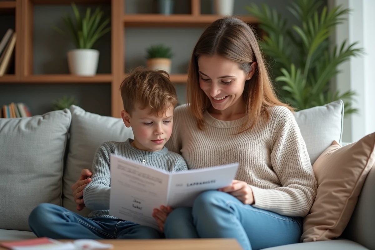 Mère aidant son fils de CE1 à lire un texte à voix haute dans le salon en soirée