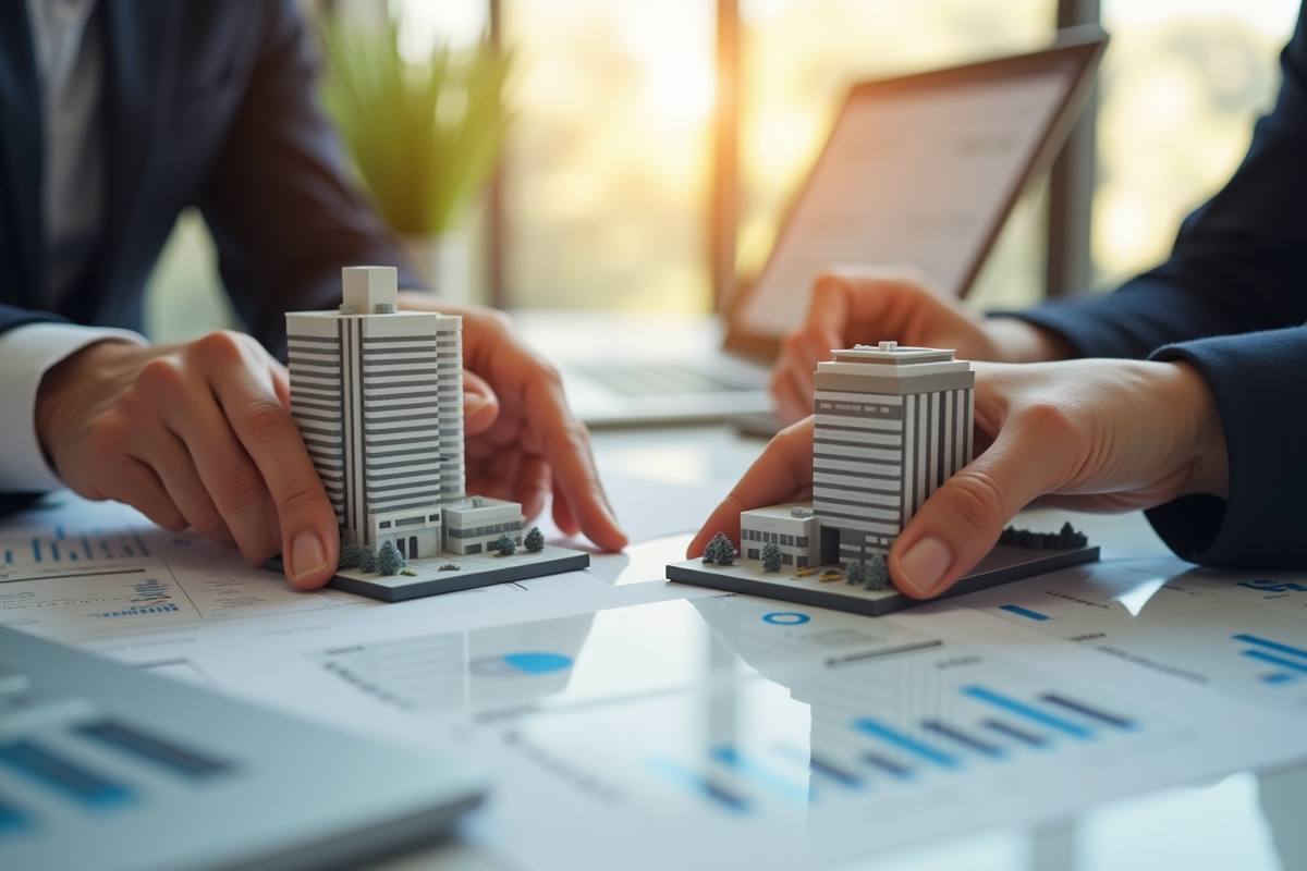 Mains d’un professionnel tenant deux modèles de bâtiments